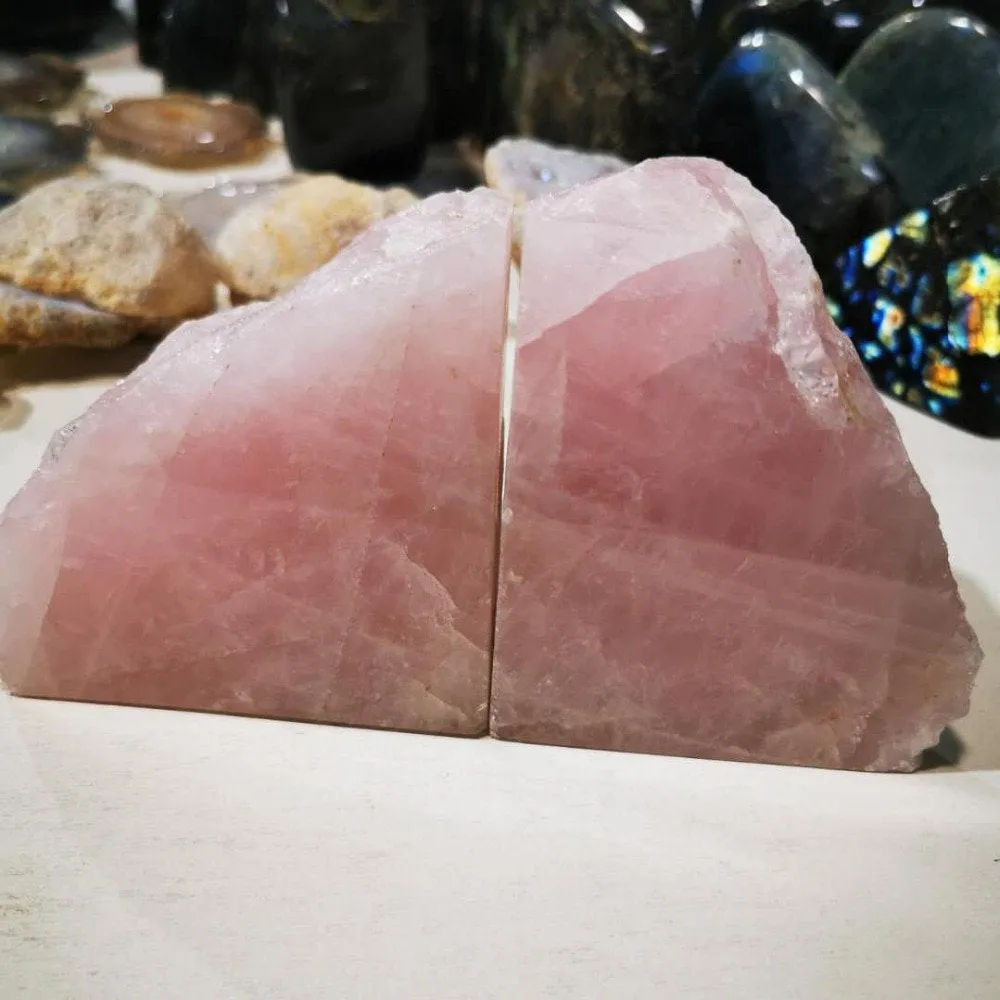 2 Pcs Natural Rose Quartz Bookends, Geode Bookends, Pink Crystal Bookends, Bookshelf Decor, Boho Luxe, Home Decor, Valentine's Day Gift