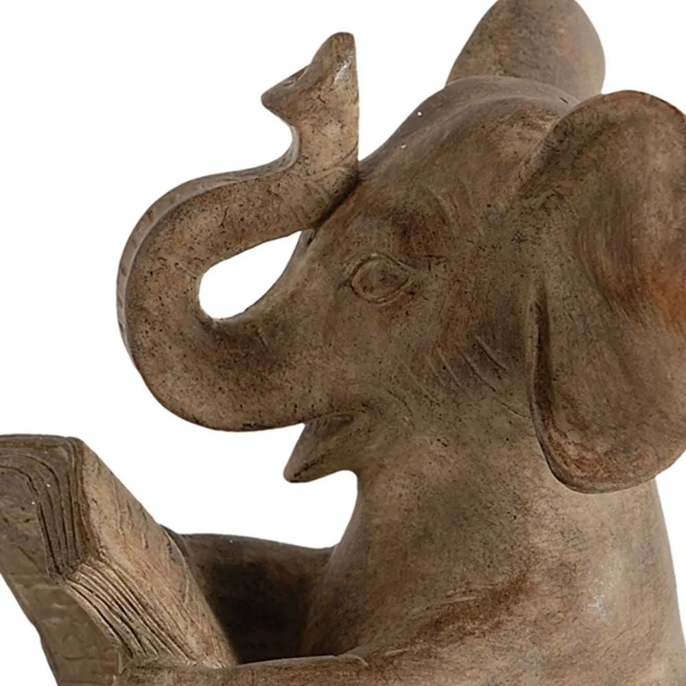 Ari Set of 2 Bookends, Reading Elephant Statuettes, Classic, Brown Resin By Casagear Home