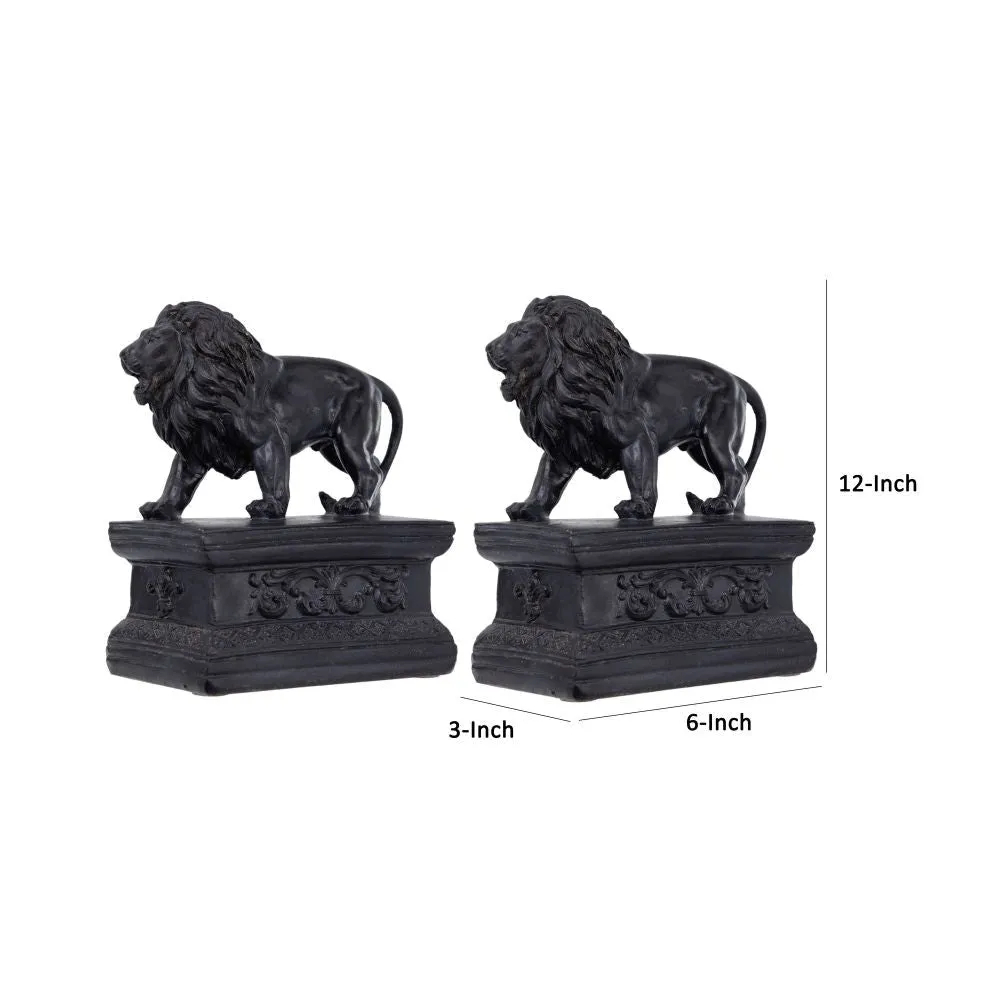 Ari Set of 2 Classic Bookends, Lion Statuette Figurines, Glossy Black Resin By Casagear Home