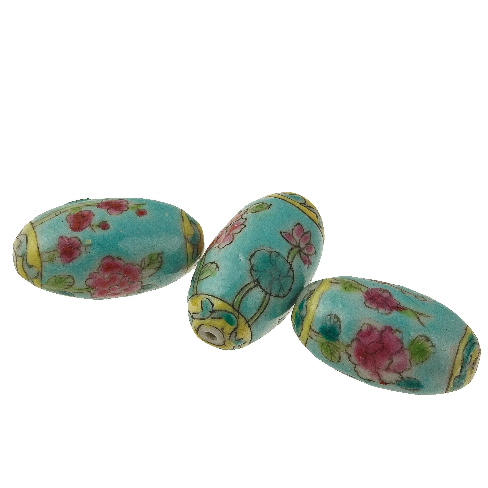 Chinese hand-painted oval porcelain blue beads 25x14mm. 2 pcs. b2-937