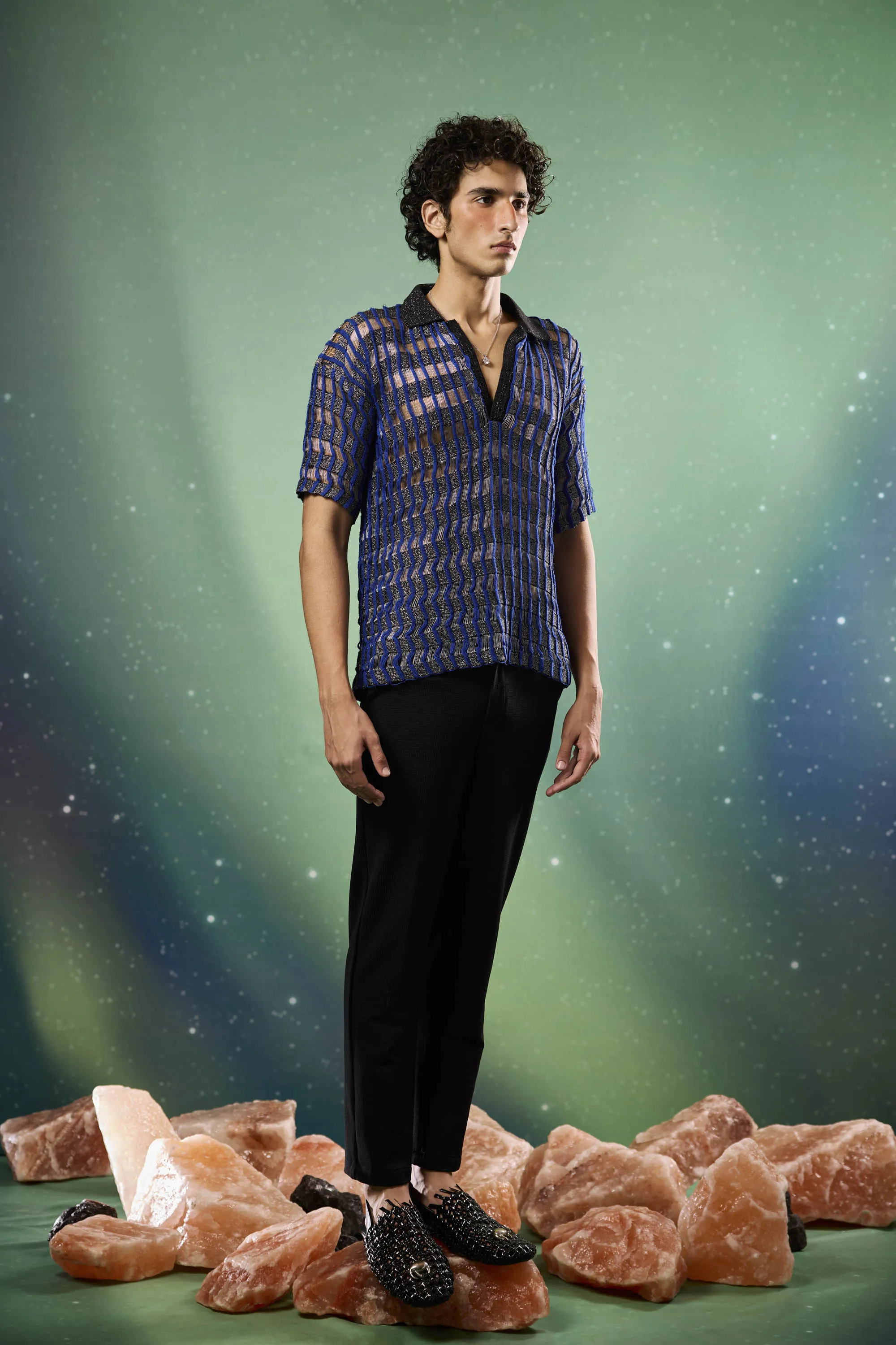 Cobalt Checkered Metallic Knitted Polo