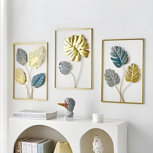 ELLEHOMES Metal Wall Art Decor | Maple Leaf Wall Decor | Wall Hangings for Home Decoration Iron | Wall Art Metal for Living Room | Bedroom | Drawing room | Golden Metal Wall Decor | Set of 3