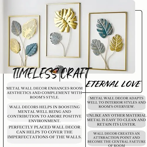 ELLEHOMES Metal Wall Art Decor | Maple Leaf Wall Decor | Wall Hangings for Home Decoration Iron | Wall Art Metal for Living Room | Bedroom | Drawing room | Golden Metal Wall Decor | Set of 3