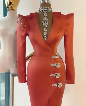 Ivy Orange Deep V Neck Prom Dress Long Sleeve Pageant Party Gowns