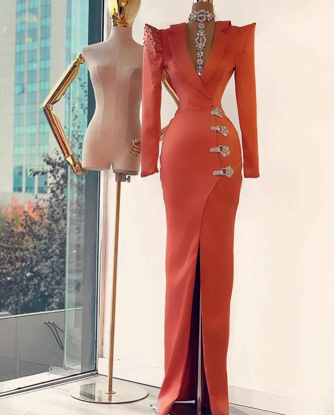 Ivy Orange Deep V Neck Prom Dress Long Sleeve Pageant Party Gowns