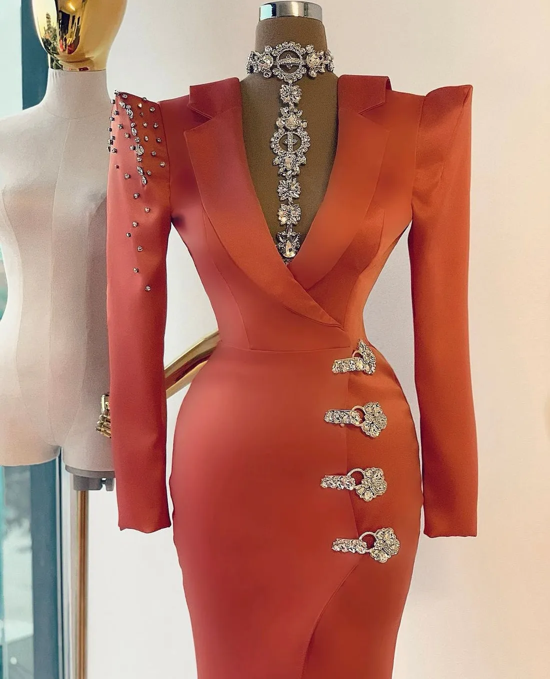 Ivy Orange Deep V Neck Prom Dress Long Sleeve Pageant Party Gowns