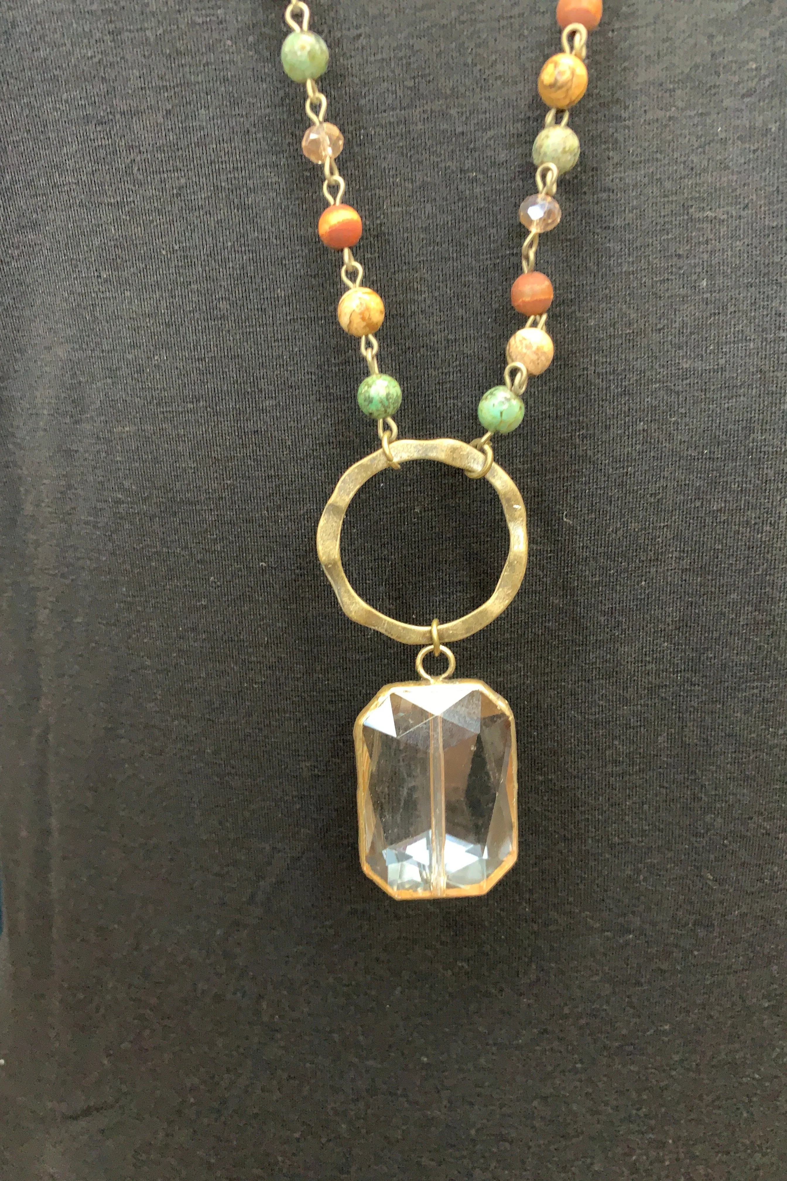Lost And Found Chain And Colored Bead Long Necklace With Bronze Circle And Large Square Amber Crystal