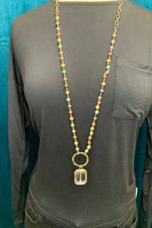 Lost And Found Chain And Colored Bead Long Necklace With Bronze Circle And Large Square Amber Crystal