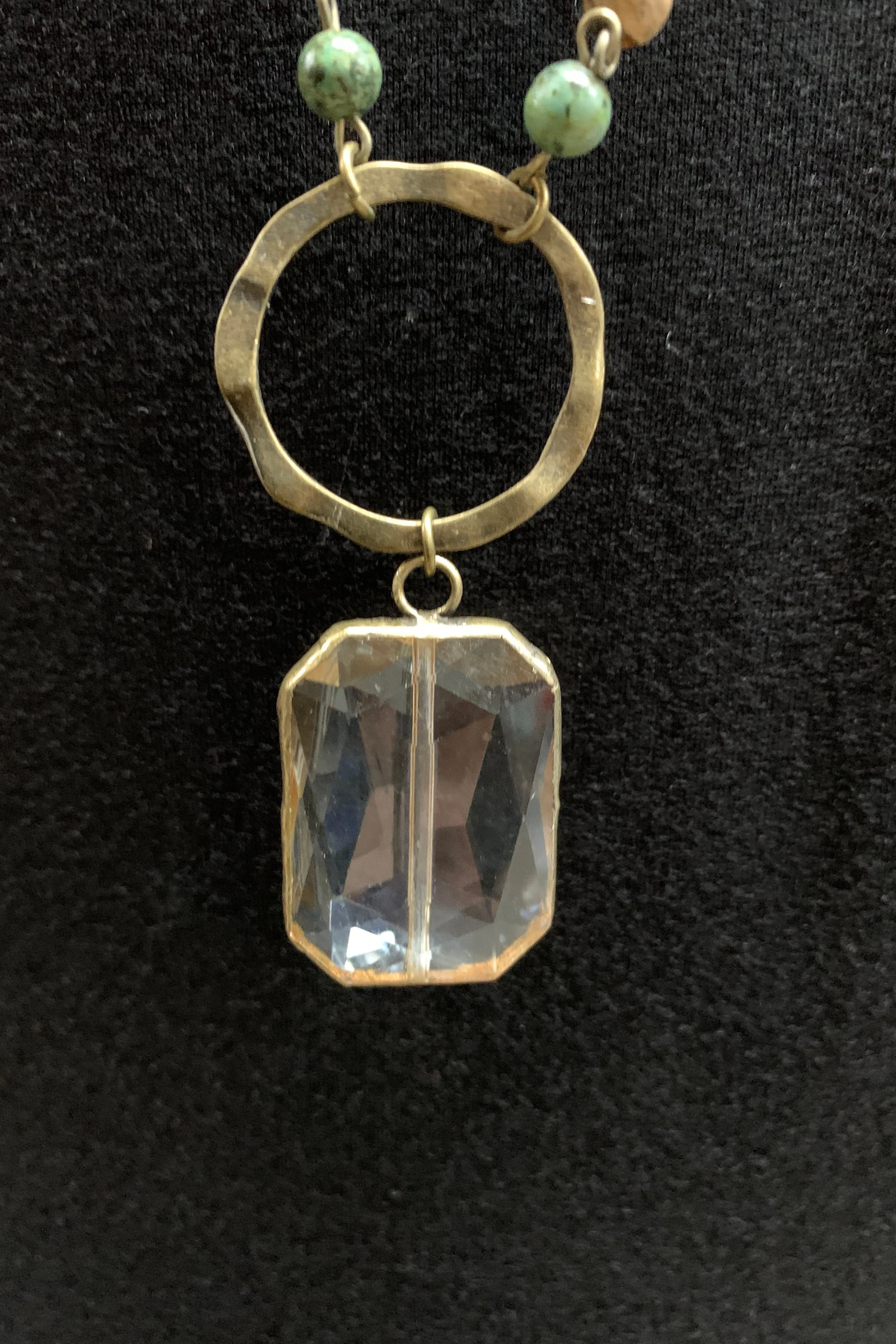 Lost And Found Chain And Colored Bead Long Necklace With Bronze Circle And Large Square Amber Crystal