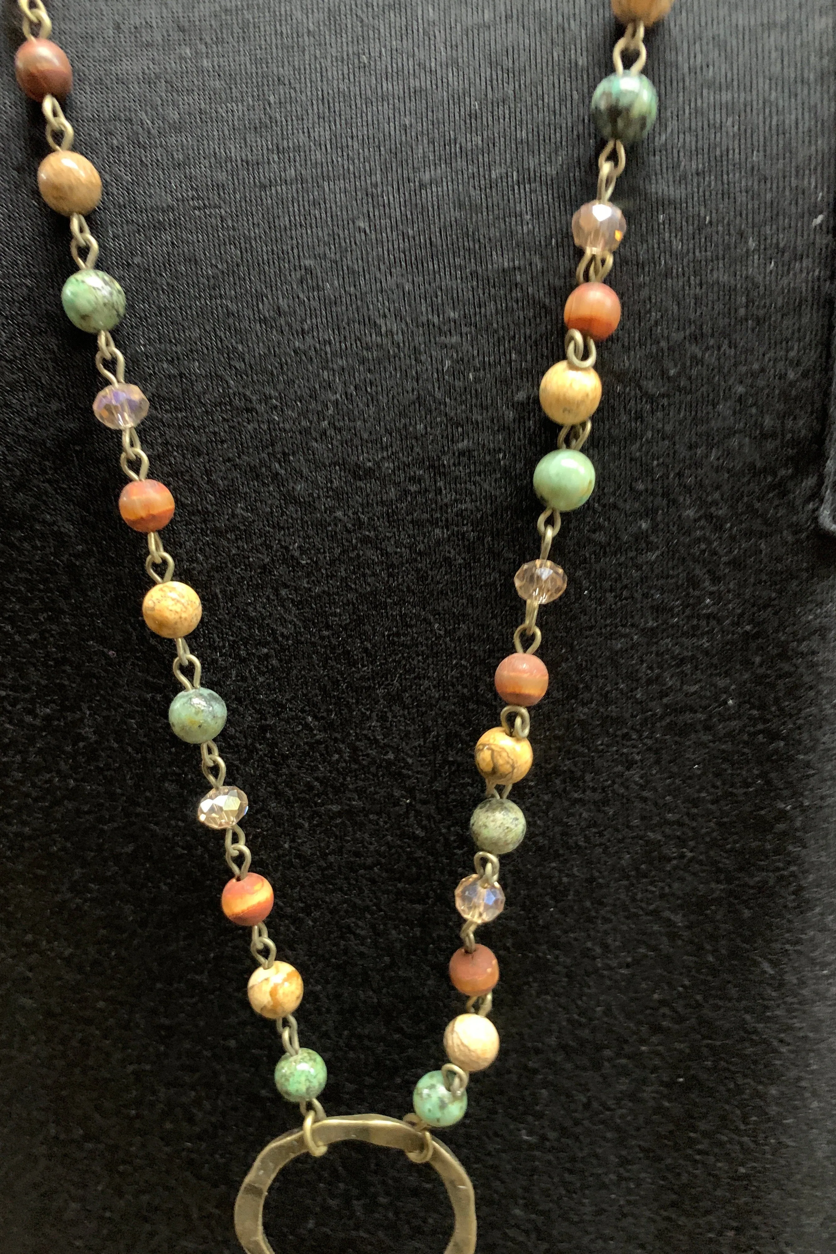 Lost And Found Chain And Colored Bead Long Necklace With Bronze Circle And Large Square Amber Crystal