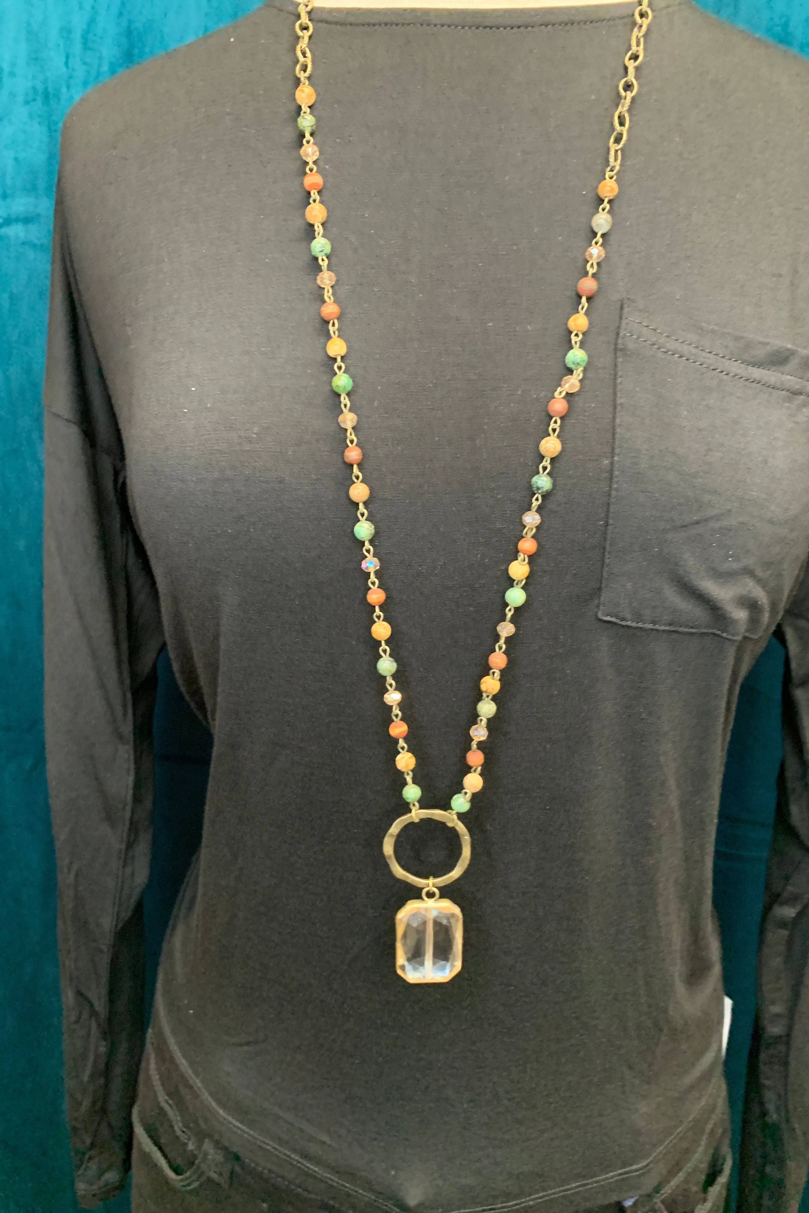 Lost And Found Chain And Colored Bead Long Necklace With Bronze Circle And Large Square Amber Crystal