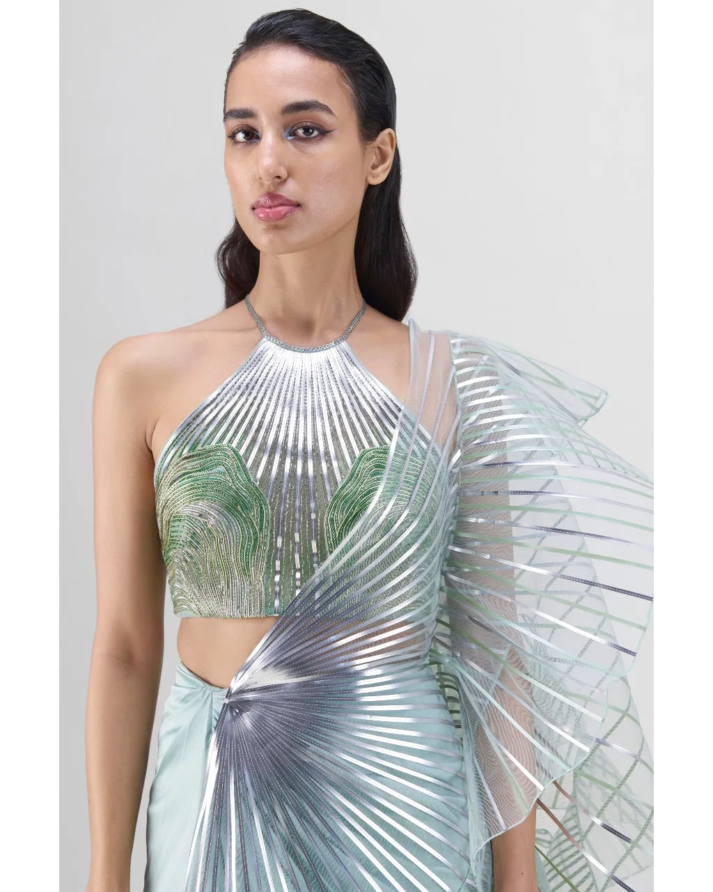 Metallic Winged Ruffle Sari Set
