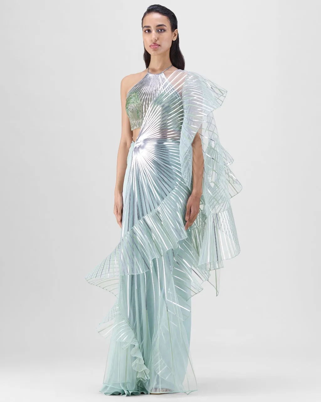 Metallic Winged Ruffle Sari Set