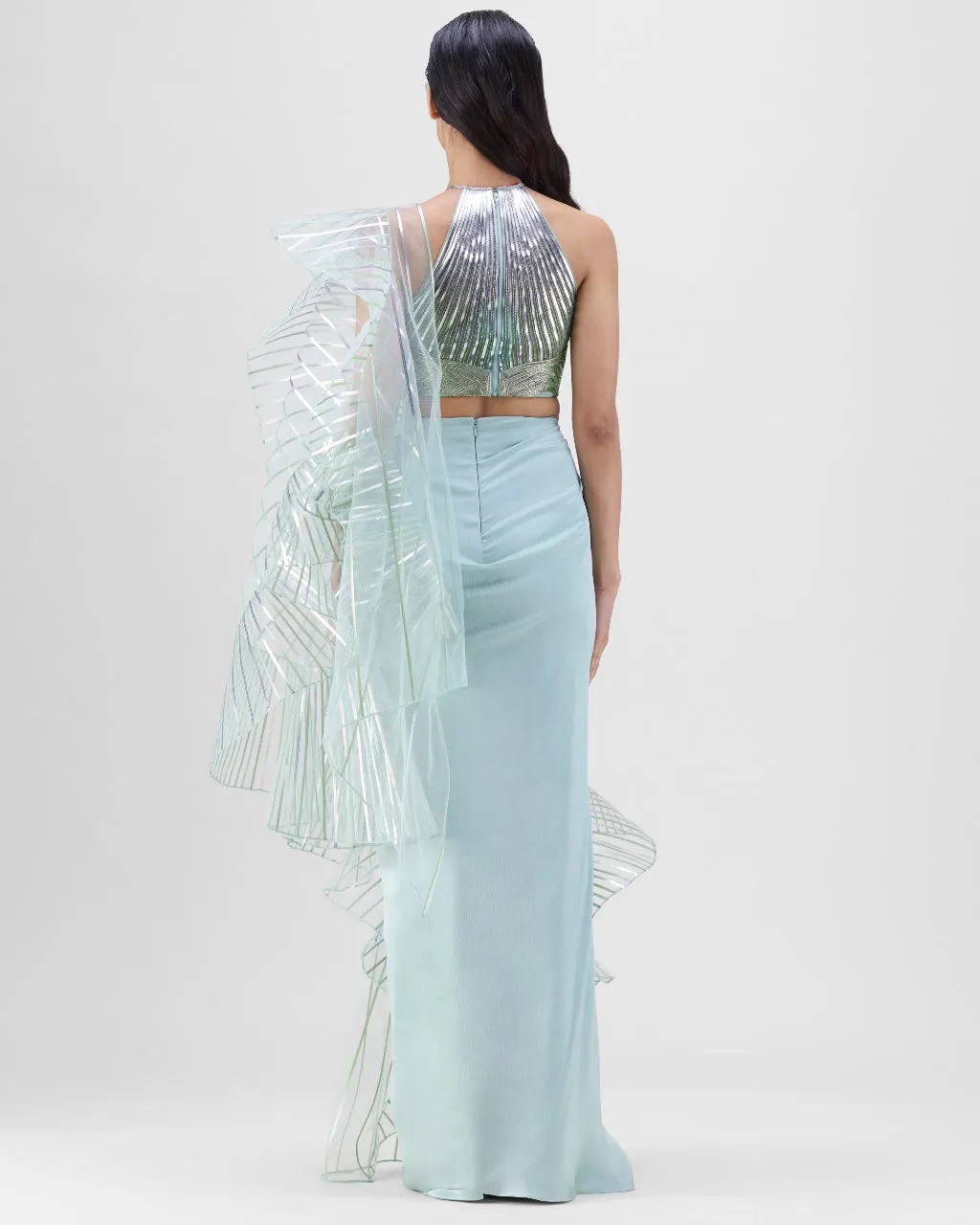 Metallic Winged Ruffle Sari Set