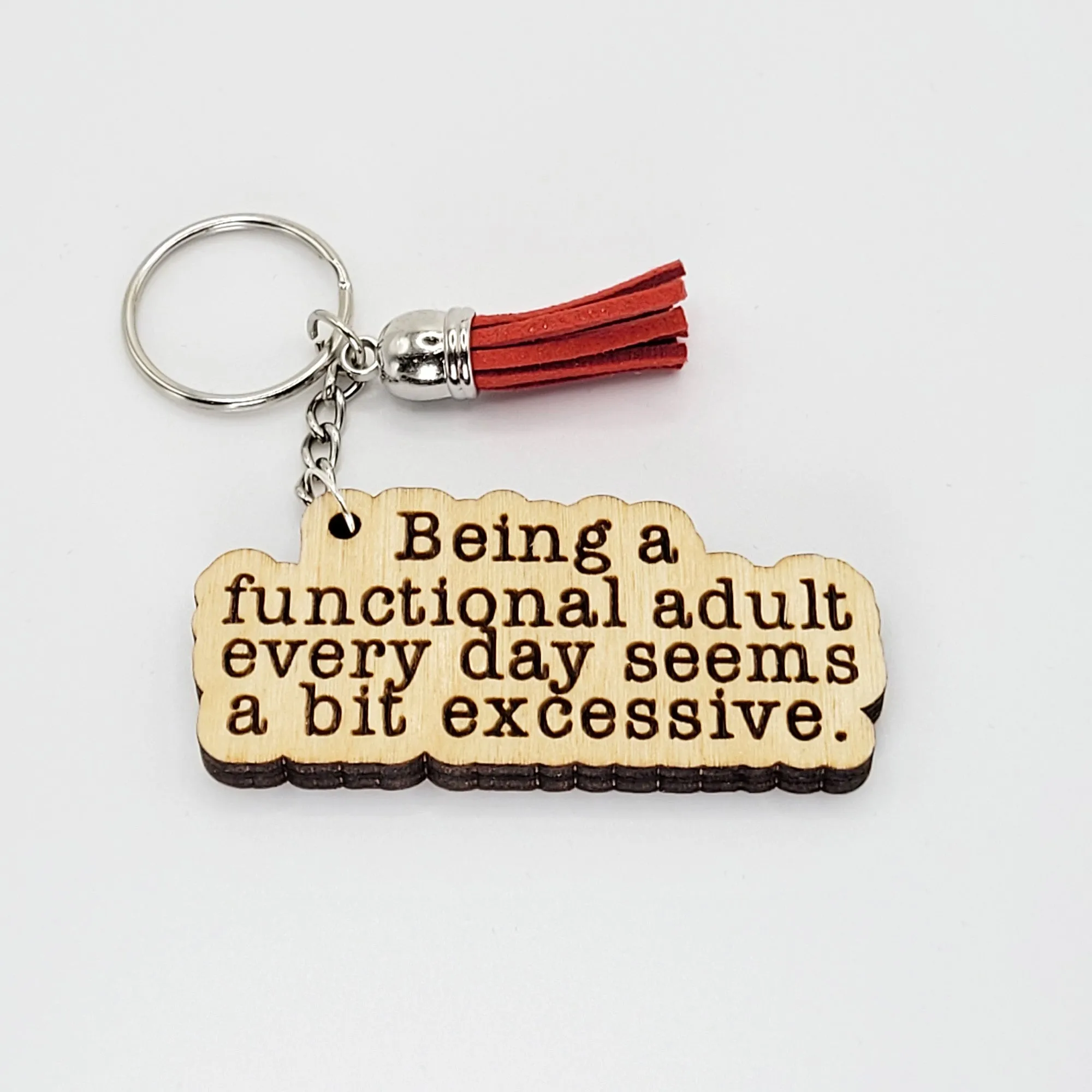 My A-Game is Adequate Laser Cut Wood Keychains with tassels