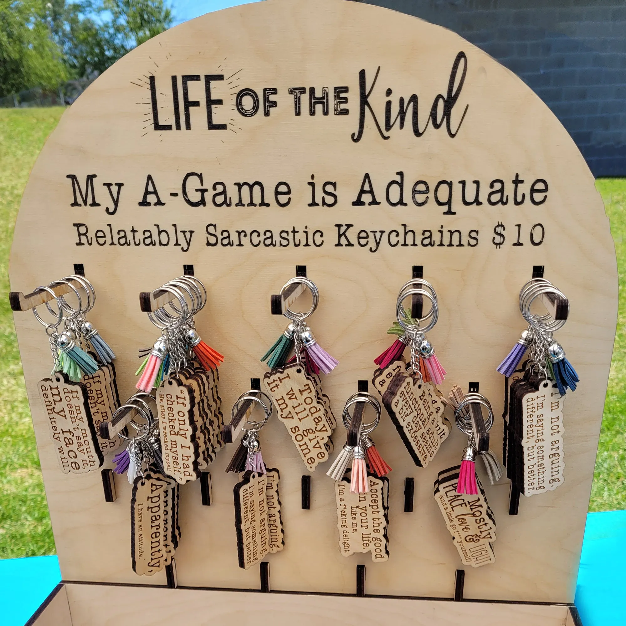 My A-Game is Adequate Laser Cut Wood Keychains with tassels
