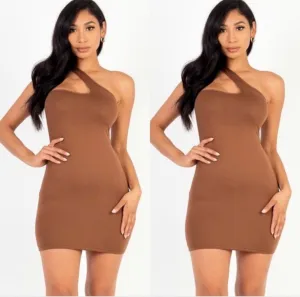 Pretty Me Asymmetrical One-Shoulder Bodycon Mini Dress  Downtown Brown