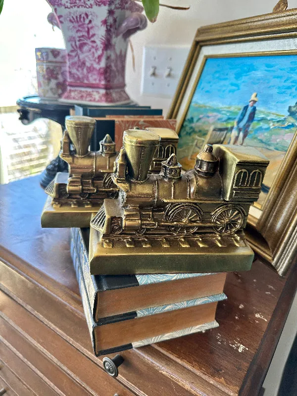 Vintage Bookends, Trains, Brass, Pair