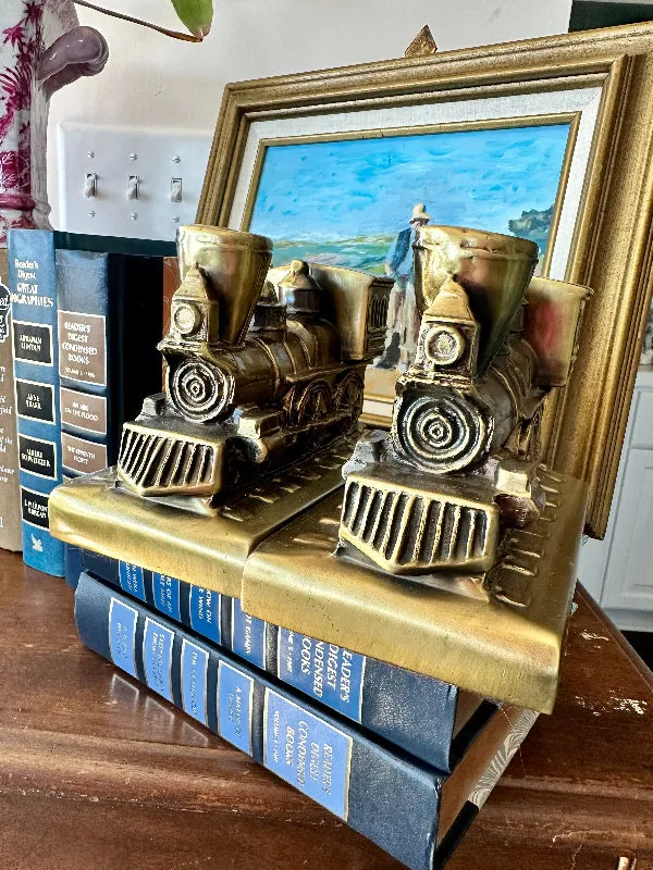 Vintage Bookends, Trains, Brass, Pair