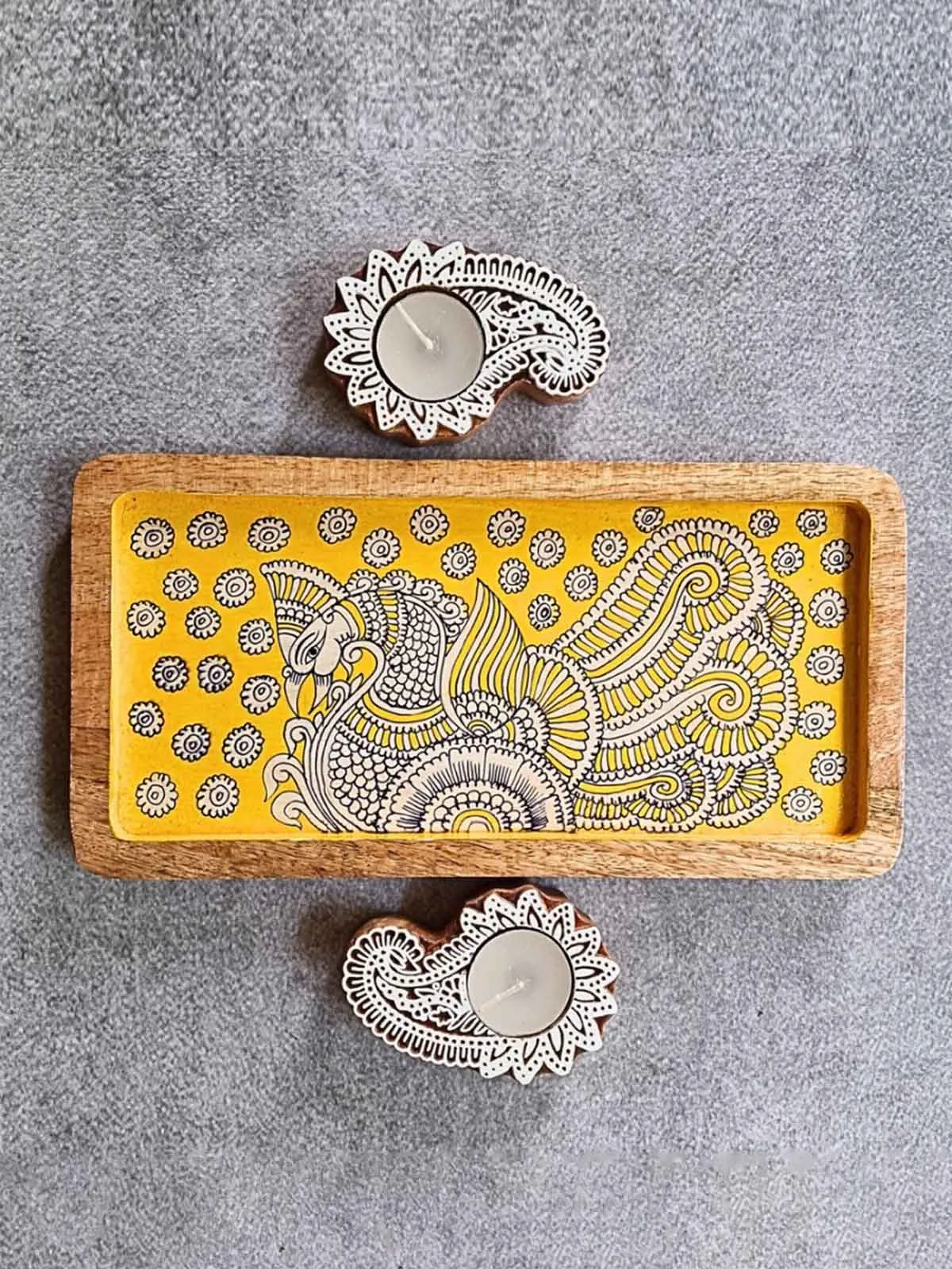 Yellow Hand painted wooden tray and T-Light Combo Gift Box