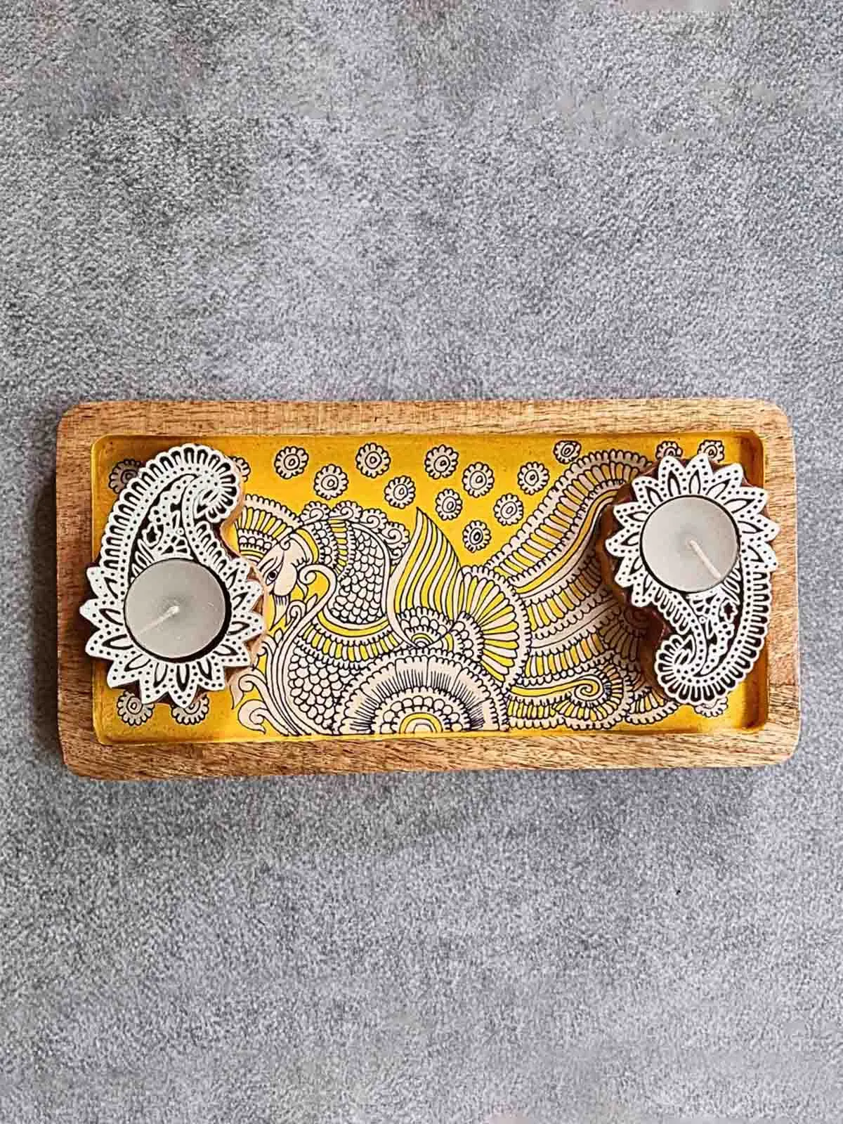 Yellow Hand painted wooden tray and T-Light Combo Gift Box